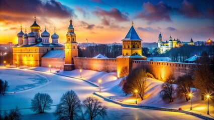 Obraz premium Panoramic Winter Night View of Veliky Novgorod Kremlin Towers, Russia - Majestic Cityscape