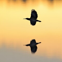 Majestic Bird in Flight at Sunset Over Calm Water, Beautiful Reflection Created by Vibrant Golden and Orange Sky, Capturing Serenity in Nature's Splendor
