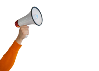 hand holding a megaphone on a isolated free png background with clipping path