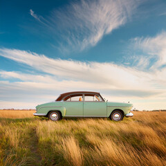 Fototapeta premium Vintage Pale Green Car in Field Under Clear Sky