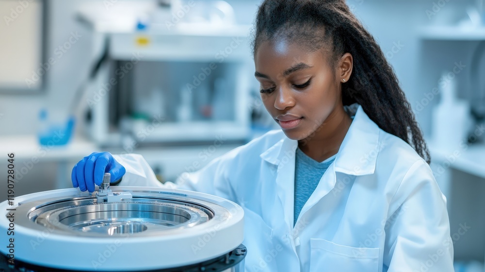 Poster a vibrant shot of a scientist using a centrifuge machine in a brightly lit lab