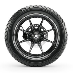 Obraz premium A detailed image of a black sports car tire with a sleek design and visible brake disc. isolated on white background