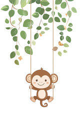 Fototapeta premium Cute cartoon monkey hanging from a vine with a white background