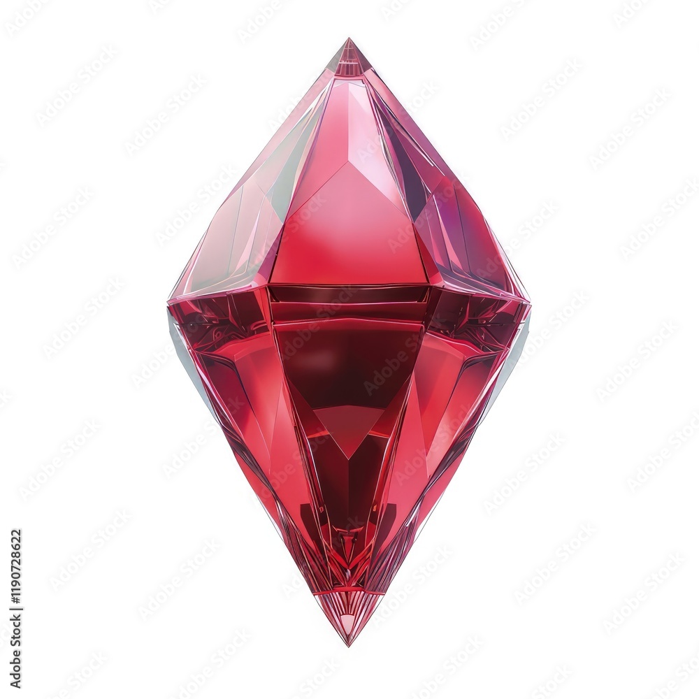 Poster a faceted red crystal resembling a gemstone, reflecting light with sharp edges and clarity. isolated