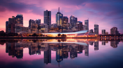 Fototapeta premium Stunning Cityscape at Sunset with Perfect Reflection