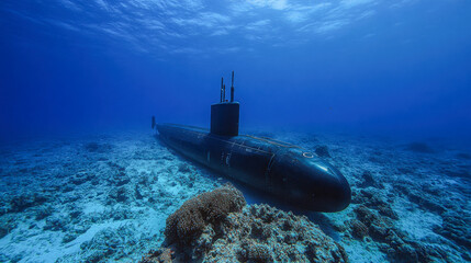Underwater exploration reveals a submarine resting on a coral reef in the ocean depths at midday
