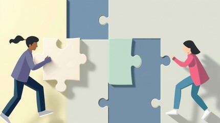 Business concept. People connect puzzle elements. Flat illustration in flat design style. Teamwork, partnership. Businessmen working together and moving towards success