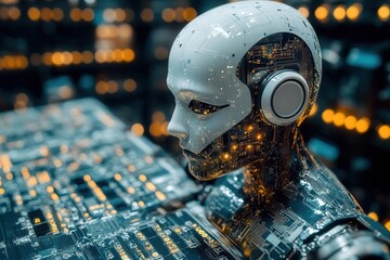 Futuristic robot with glowing circuits engaged in artificial intelligence activities