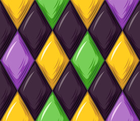 Geometric Mardi Gras pattern with volumetric Harlequin ornament. Diagonal rhombus grid. Vintage style
