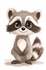 Obraz premium Charming cartoon raccoon with a bushy tail and a white background