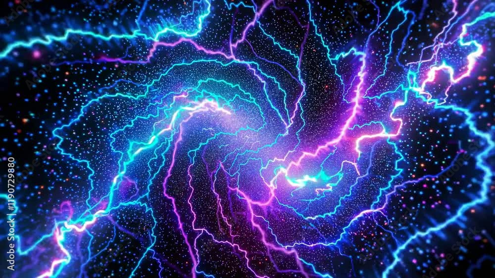 Poster exploring vibrant colors and dynamic patterns in swirling electric currents