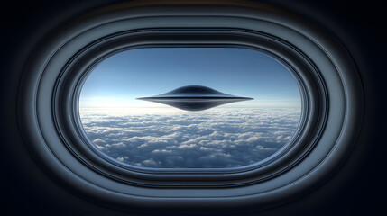 Mysterious object hovering above clouds viewed through an airplane window at high altitude during daylight