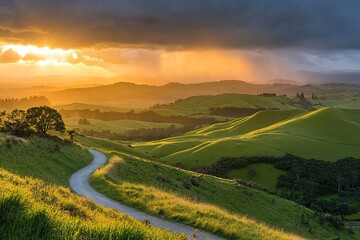 Naklejka premium Golden Rays Embrace Serene Green Hills at Sunrise: A Breathtaking Landscape Panorama Perfect for Desktop Wallpapers, 