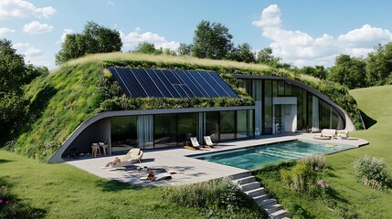 Curved Eco-House: Green Roof, Solar Panels, and Modern Pool