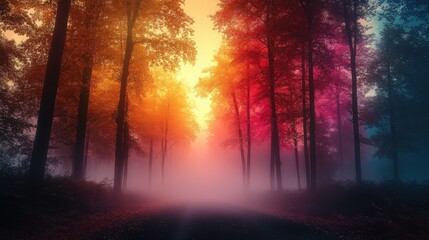 Fototapeta premium Enchanting Autumn Misty Forest with Colorful Foliage and Vibrant Sunset Glow in a Dreamy Landscape