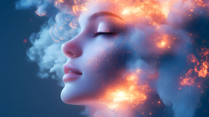 Creative portrait featuring a woman with flowing hair blending into vibrant smoke and fiery elements, capturing an ethereal mood with colorful lighting effects