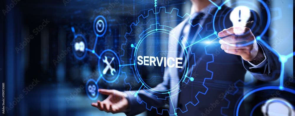 Poster service support customer help call center business technology button on virtual screen.
