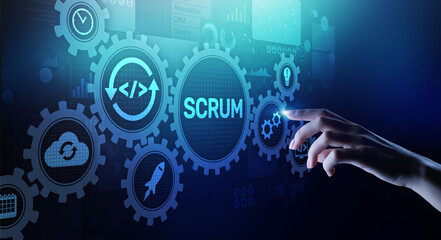 SCRUM, Agile development methodology, programming and application design technology concept on virtual screen.
