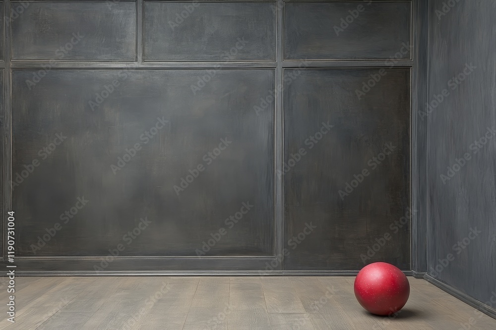 Poster minimalist interior with a red ball resting on a wooden floor against a deep gray wall, highlighting