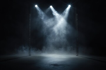 Mysterious Spotlight Beams on Dark Stage: Dramatic Atmosphere, Cinematic Lighting, Perfect for Theatrical Posters, Event