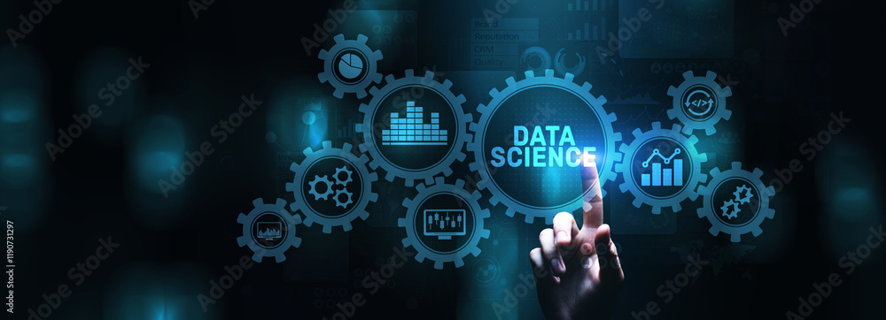 Poster big data science analytics analysis information technology internet concept.