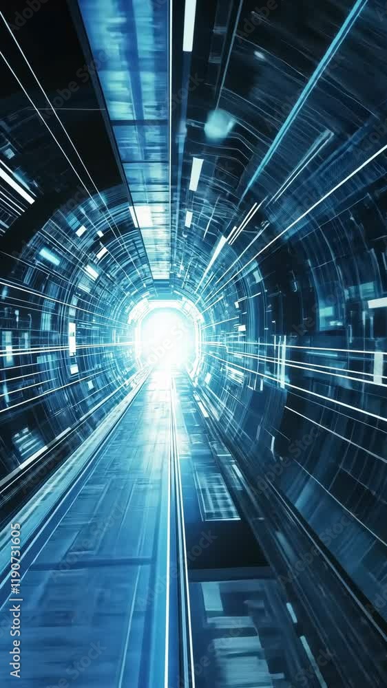 Poster bright light at the end of a futuristic tunnel with glowing lines and patterns in a digital space