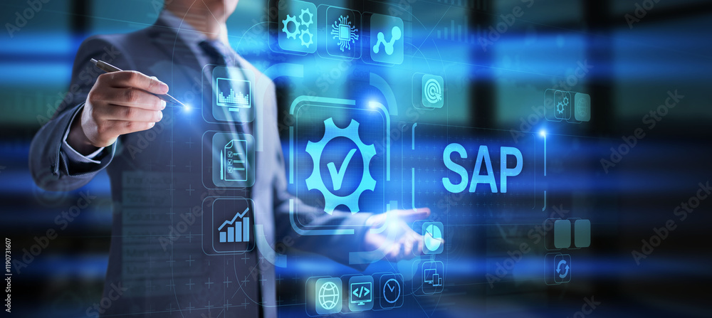 Poster sap software business process automation. erp enterprise resource planning system on virtual screen.
