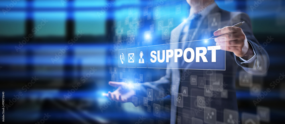 Aufkleber support customer service satisfaction business technology concept.