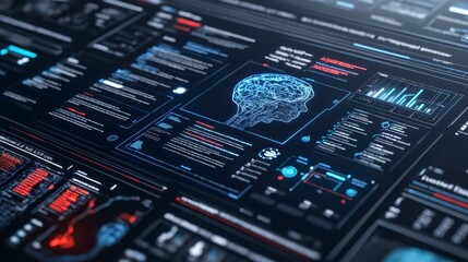 Naklejka premium Futuristic Digital Interface AI Brain Scan Data Analysis Network Technology