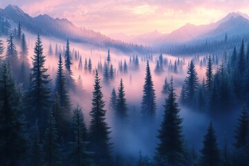 Obraz premium Misty Evergreen Forest: Enchanting Nature Photography, Lush Greenery, Mysterious Woods, Deep Wilderness, Tranquil Scene,