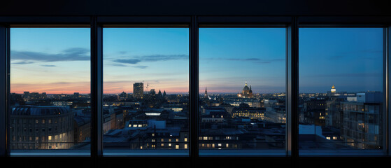 Fototapeta premium Evening Cityscape Through Window Panels