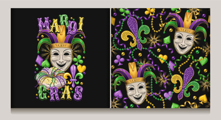 Seamless Mardi Gras pattern with Jester face mask, beads, card suits icons, trinket, Fleur de Lis sign. Emblem with comedy face mask in harlequin hat., festival food king cake, text
