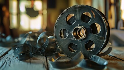 Obraz premium Vintage film reel with filmstrip on a rustic wooden surface, evoking nostalgia for classic cinema and filmmaking