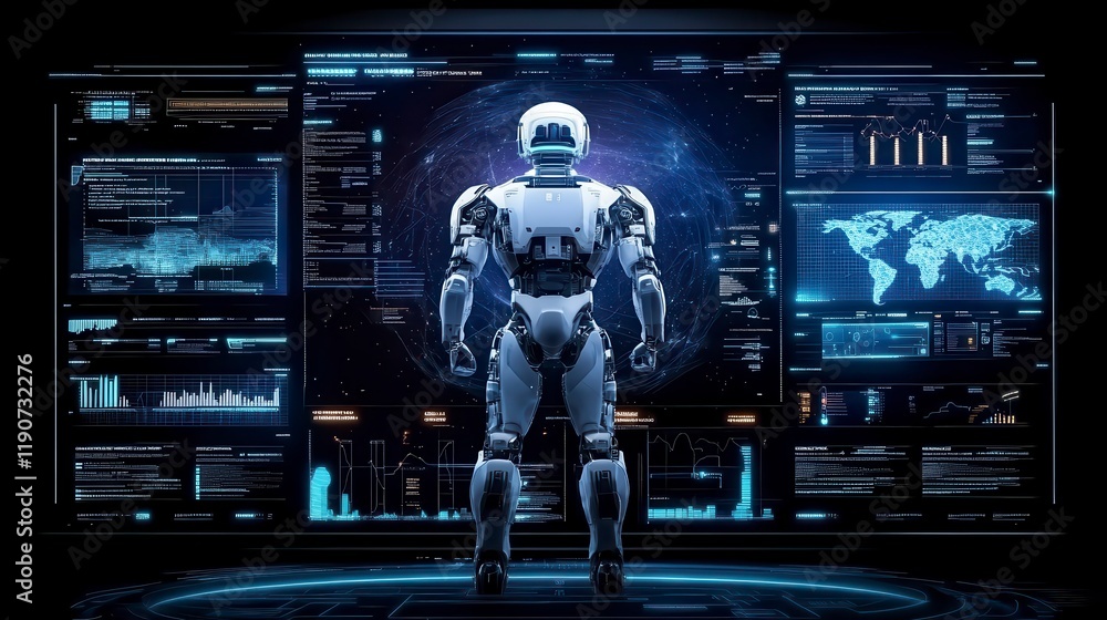 Poster futuristic robot analyzing global data on a giant screen