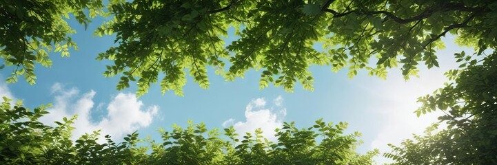 Obraz premium A dense thicket of green leaves and branches under a sunny sky, nature's splendor, sunlight filtering through