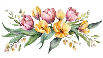 Obraz premium A vibrant watercolor tulip arrangement with soft pinks, yellows, and greens for spring designs