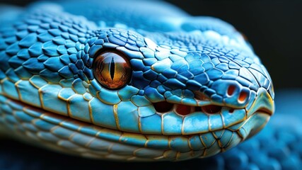 Close up of a vibrant blue snake, showcasing intricate scales and captivating eye, representing exotic wildlife and nature's beauty