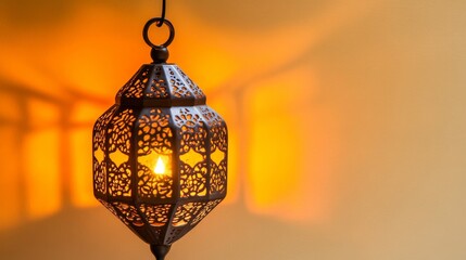 Ornate Lantern Casting Warm Glow on Wall, Intricate Design with Shadows, Cozy Ambience for Home Decor, Captivating Light Play for Artistic Atmosphere