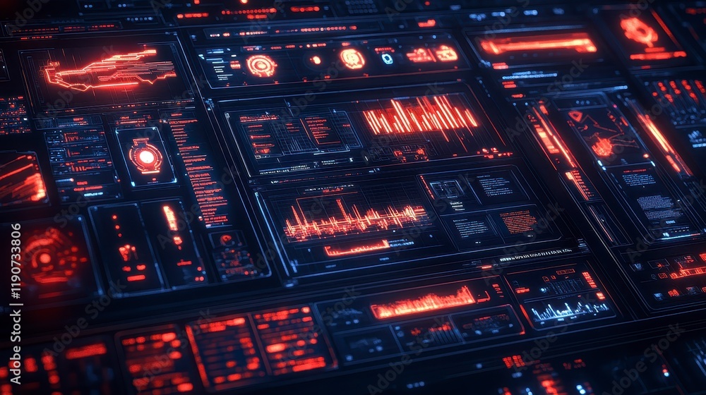 Poster futuristic technology interface red and blue digital hud display with data overlays and graphs
