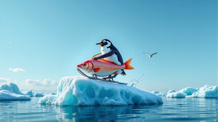 Penguin riding a giant fish on an iceberg in a sunny Arctic landscape