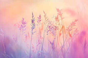 Fototapeta premium Pastel Meadow: Dreamy Sunset Grasses in Soft Focus