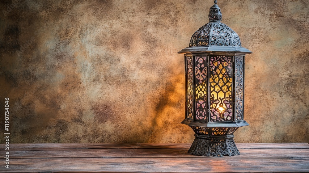 Poster ornate metal lantern with intricate patterns casting warm glow against textured background in cozy i