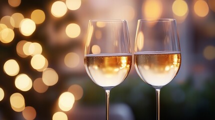 Elegant blurred bokeh lights beside wine glasses creating a romantic atmosphere.