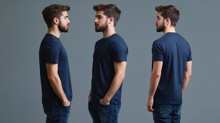 Three profile views of a young man in a navy blue t-shirt and jeans against a grey background.