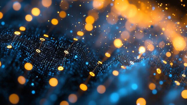 Abstract Digital Network and Glowing Code with Bokeh Effect, Futuristic Technology Background.