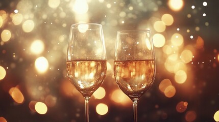 Elegant blurred bokeh lights beside wine glasses creating a romantic atmosphere.