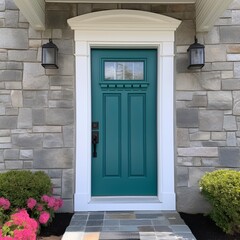 Beautiful teal front door with stone wall and floral landscaping
