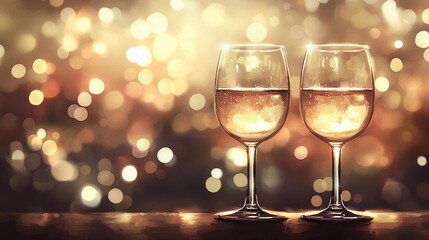 Elegant blurred bokeh lights beside wine glasses creating a romantic atmosphere.