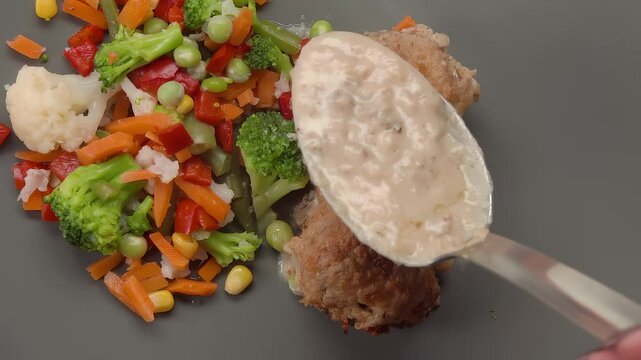 A spoon pours bechamel over meatball jn a plate. High quality 4k footage