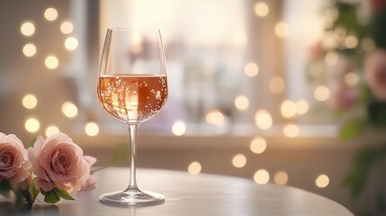 Elegant blurred bokeh lights beside wine glasses creating a romantic atmosphere.